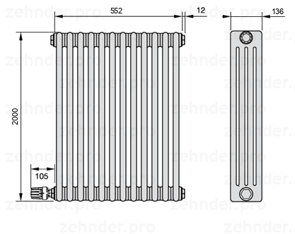 Схема (чертеж) Радиатор Zehnder Charleston 4200/12 №V004 Белый глянцевый RAL 9016